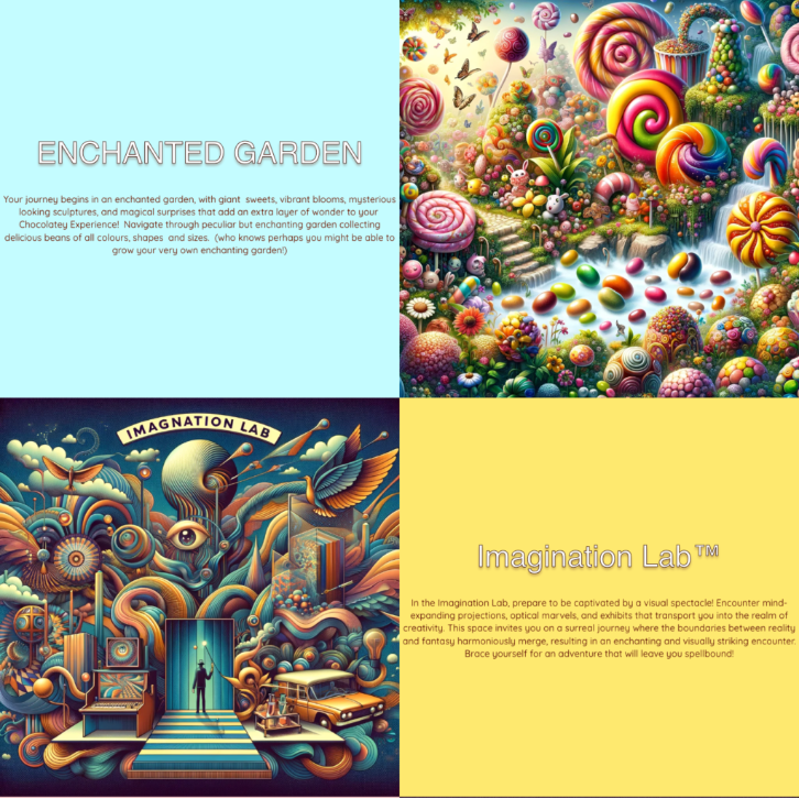 A screenshot from the willy's chocolate experience website: featuring AI images and text that has also clearly been written by AI